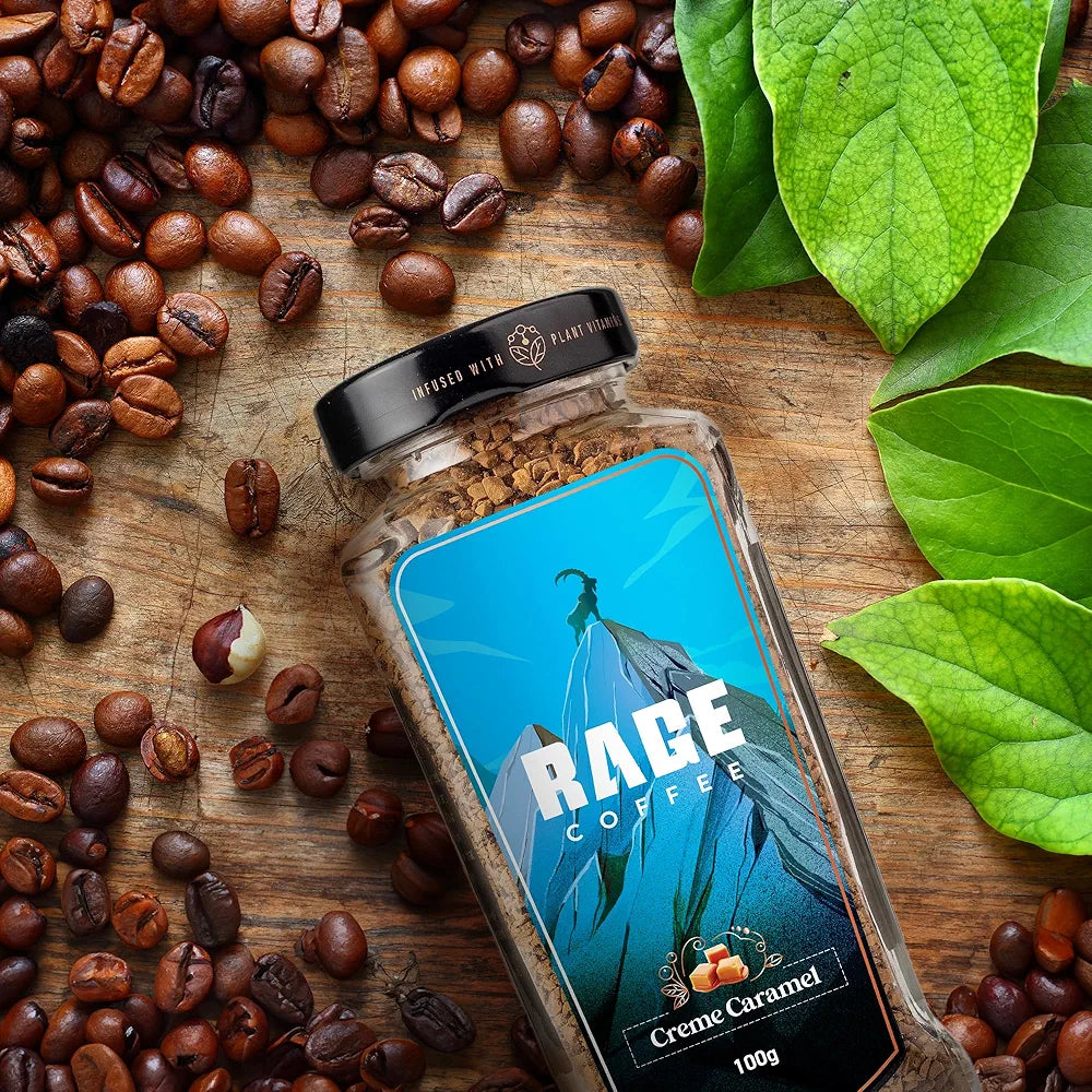 RAGE COFFEE Creme Caramel - Flavored Instant Coffee Powder for both Hot & Cold Coffee, 100% Single Origin Arabica Coffee Beans Powder, Premium Coffee Infused with Plant Vitamins 