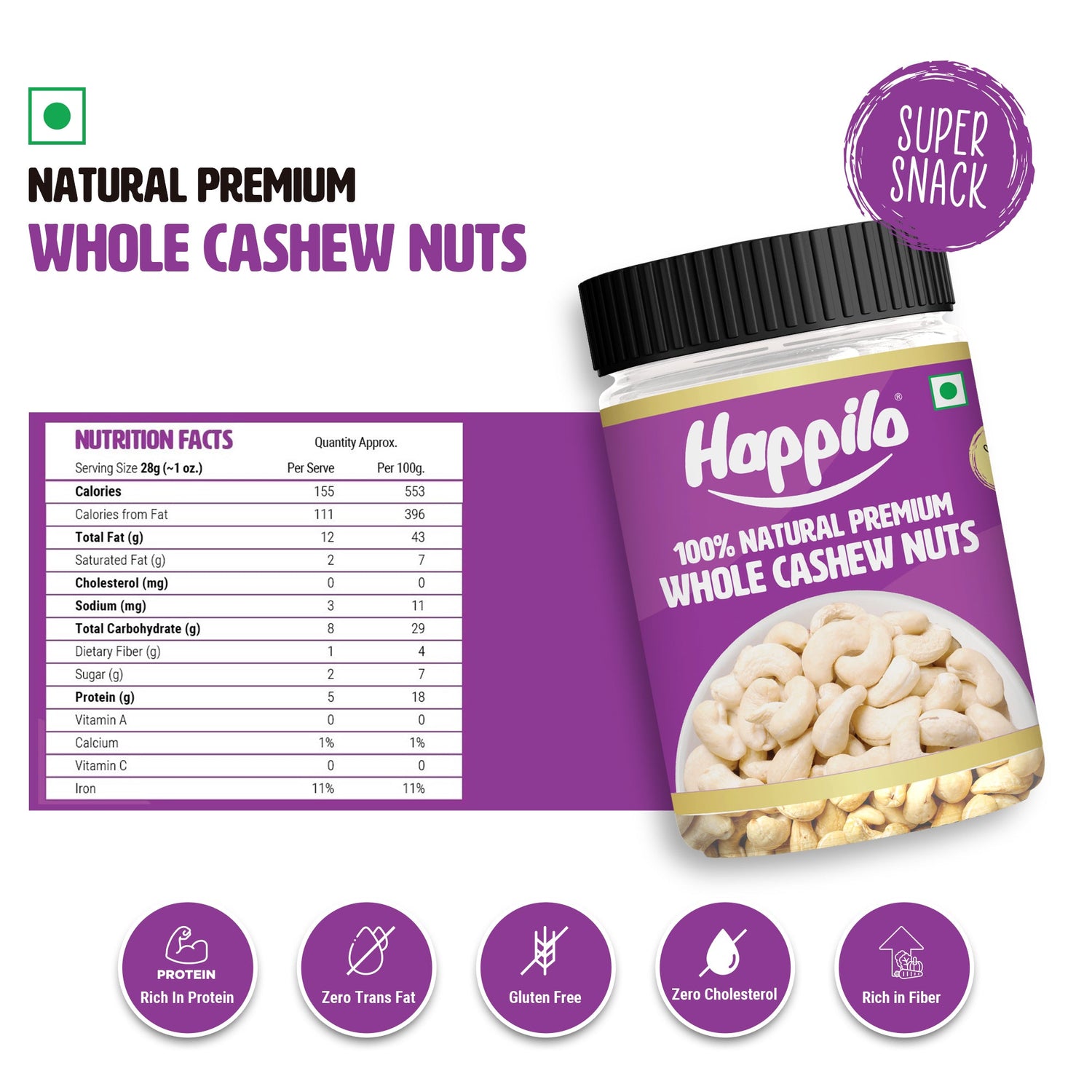 Happilo Premium Natural Whole Cashews 200g Jar