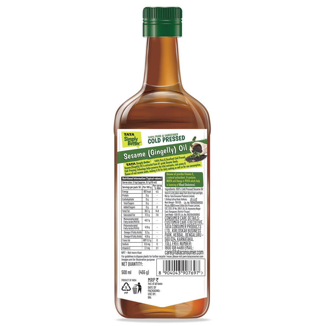 Tata Simply Better Sesame (Gingelly) Oil 500ml - 100%  Pure and Unrefined Cold Pressed