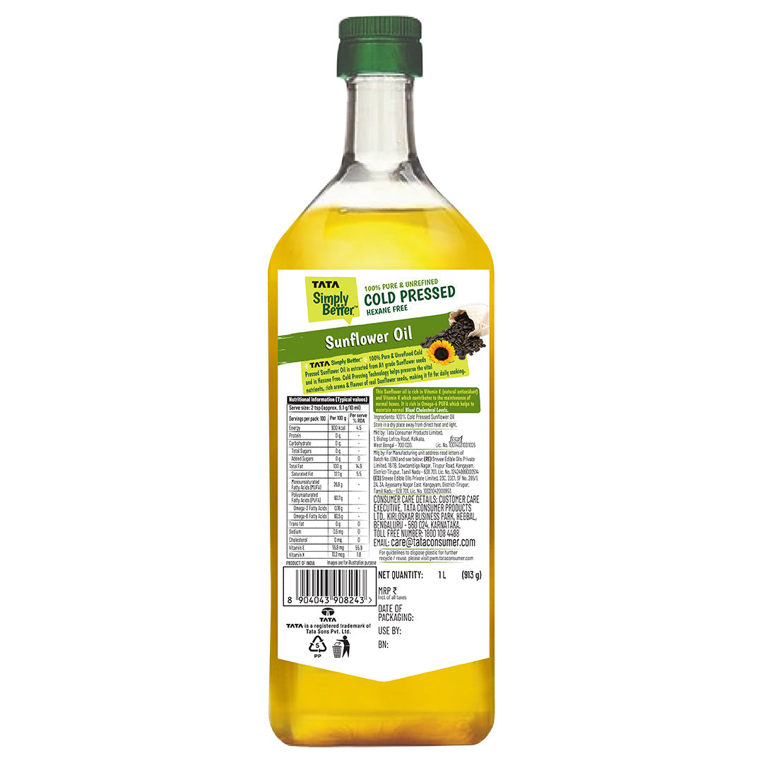 Tata Simply Better Sunflower Oil 1L - 100% Pure, 100% Unrefined, 100% Cold Pressed ,100% Hexane Free