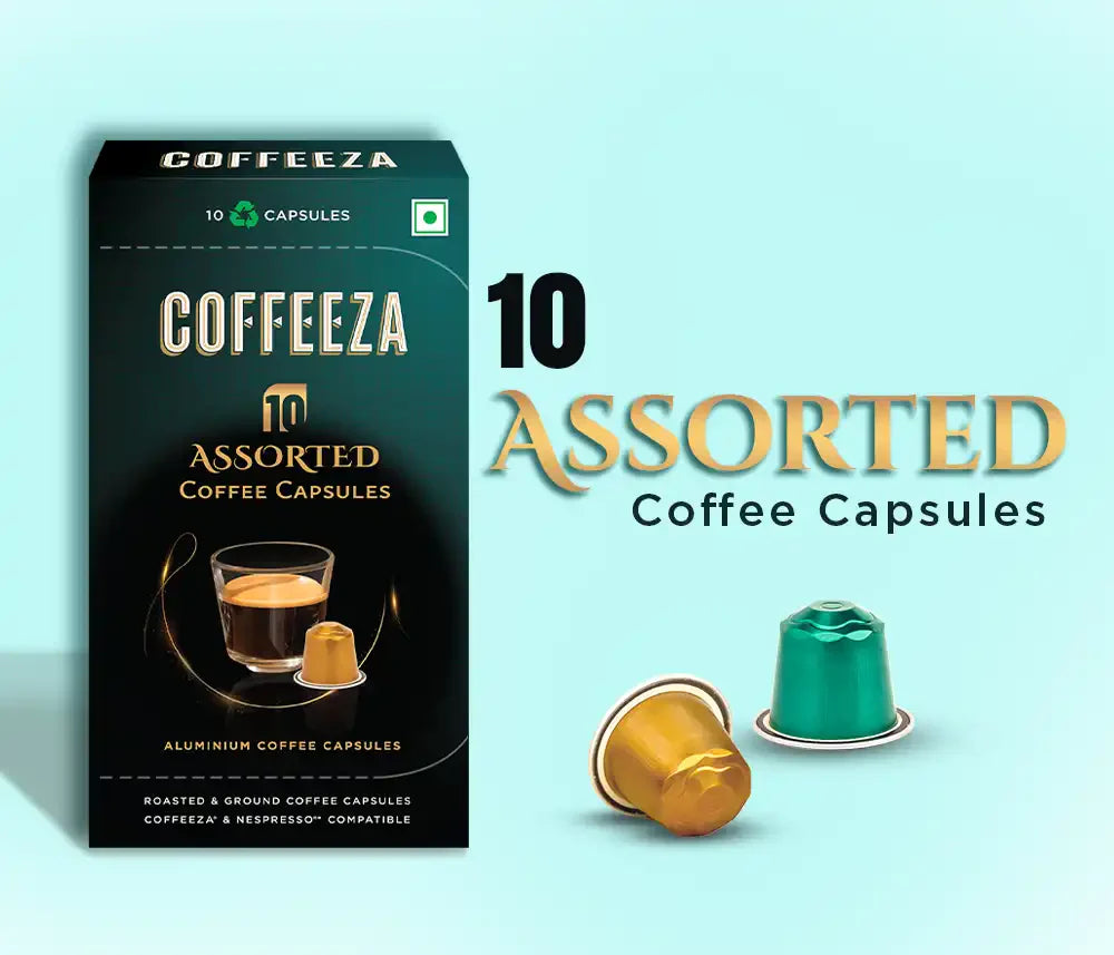 Coffeeza Assorted Box of 10 Coffee Capsules – Classico, Intenso, Cremoso, Forte, and Mysore Nuggets