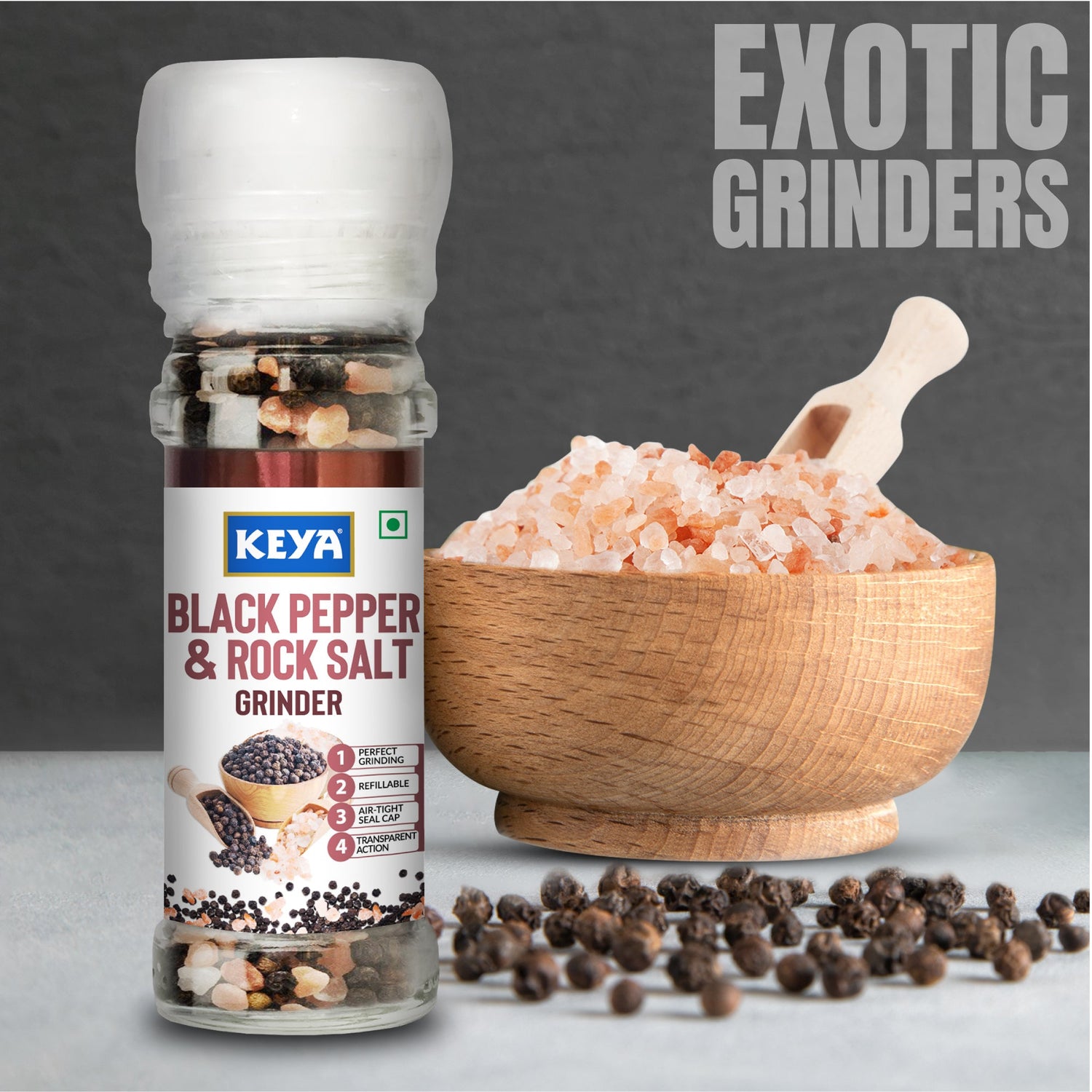 Keya Black Pepper & Rock Salt Grinder 80g