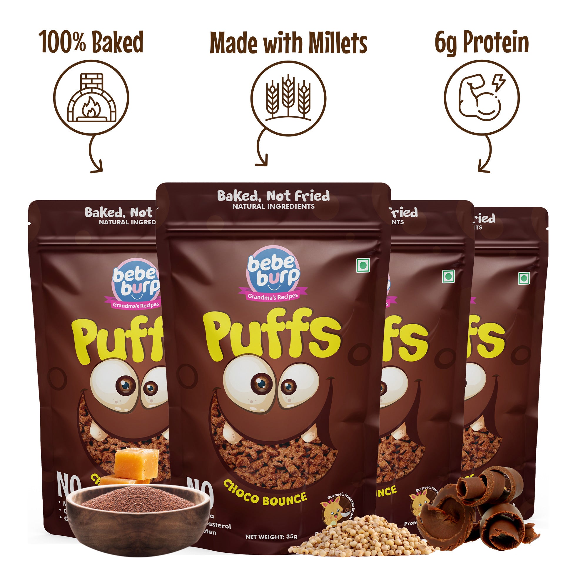 Cheodo Puff Bebe Burp Choco Bounce Puff - 35 gms (Pack of 4) - Veeha Foods