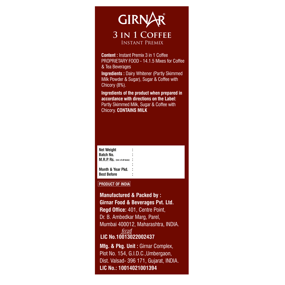 Girnar Instant Premix 3 In 1 Coffee (1kg Vending Pack)