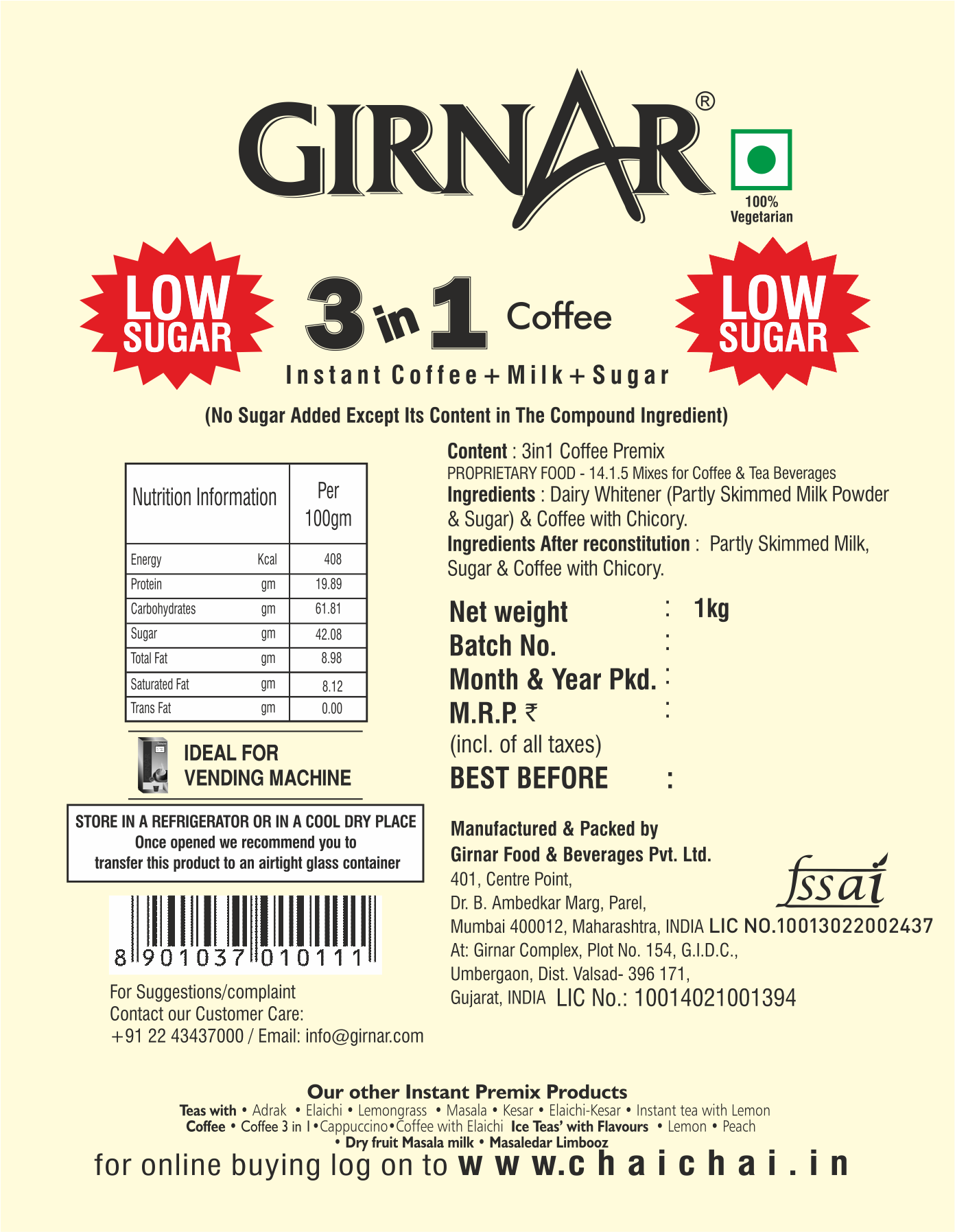 Girnar Instant Premix 3 In 1 Coffee (1kg Vending Pack)