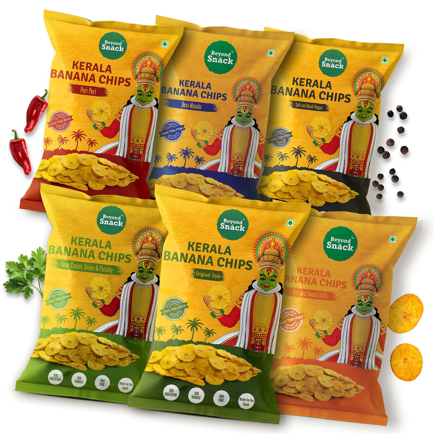 All 6 Flavours -600gm(Original Style, Peri Peri, Sour Cream Onion Parsley, Salt & Black Pepper, Desi Masala, Hot & Sweet Chilli -100gm Pack each)