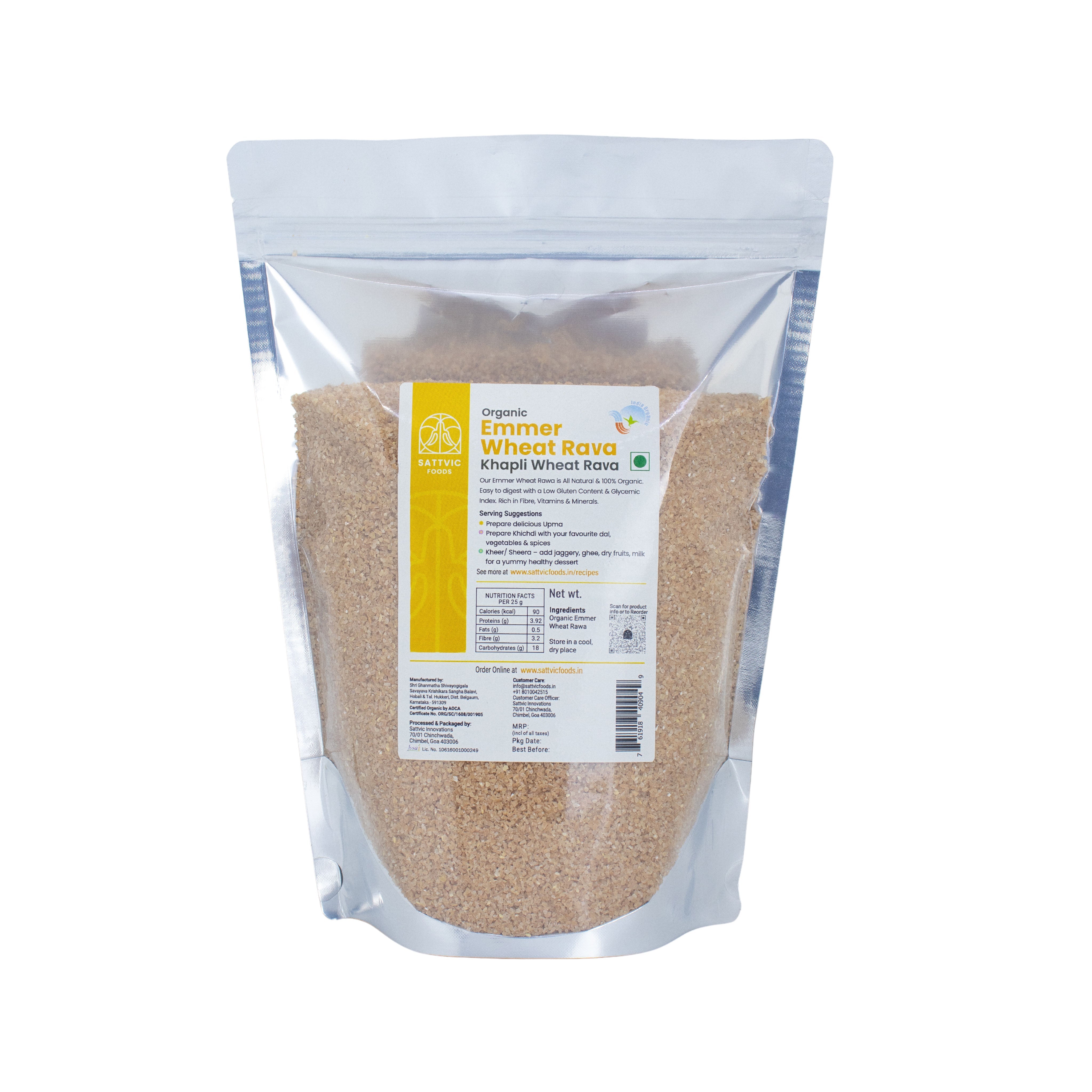 Sattvic Foods Emmer Wheat Semolina / Khapli Rava | Certified Organic ...