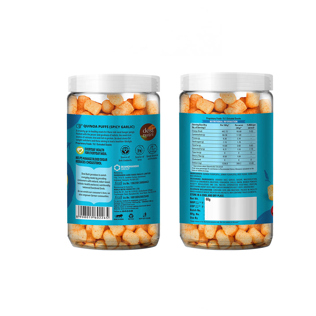 Quinoa Puffs Spicy Garlic Pack of 3 - 60g Each