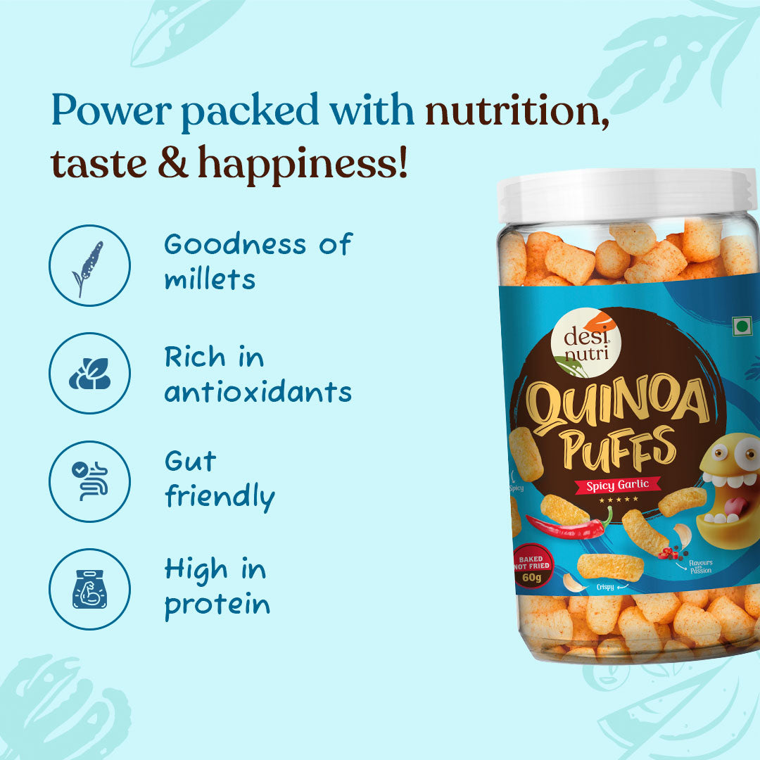 Quinoa Puffs Spicy Garlic Pack of 3 - 60g Each