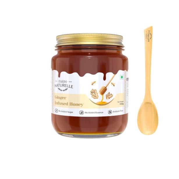 Ginger Infused Honey | 100% Pure Honey | Wooden Spoon| Raw, Natural, Unprocessed & Unheated Honey | Lab Tested Honey in Glass Bottle.