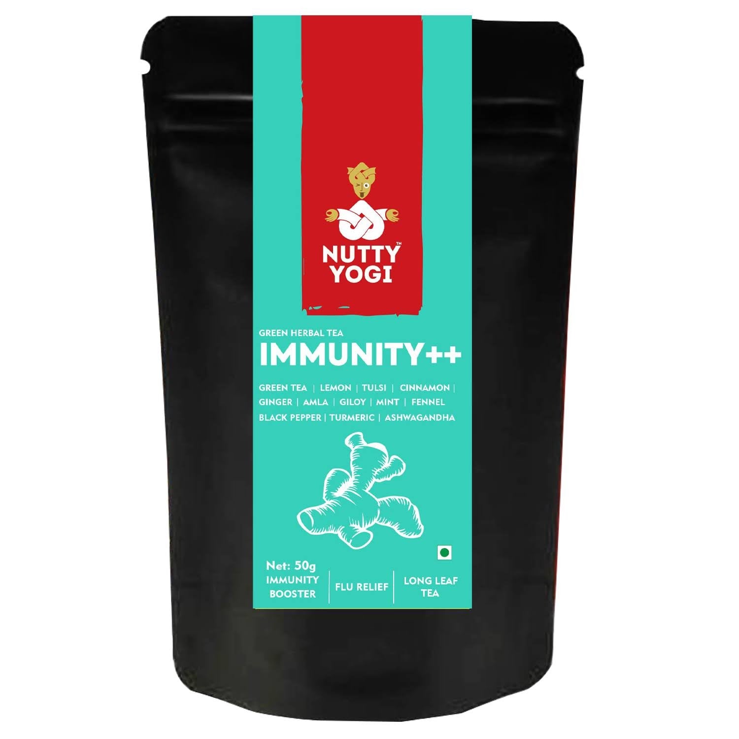 Nutty Yogi Immunity Plus Plus Tea  | Herbal Green Tea with active herbs like Giloy, Ashwangandha, Tulsi etc 50g