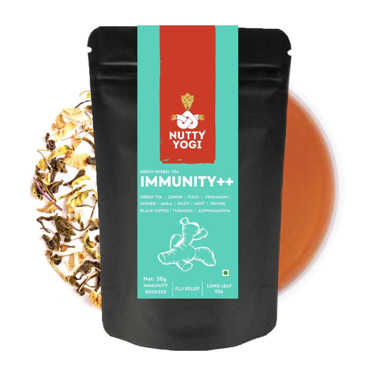 Nutty Yogi Immunity Plus Plus Tea  | Herbal Green Tea with active herbs like Giloy, Ashwangandha, Tulsi etc 50g