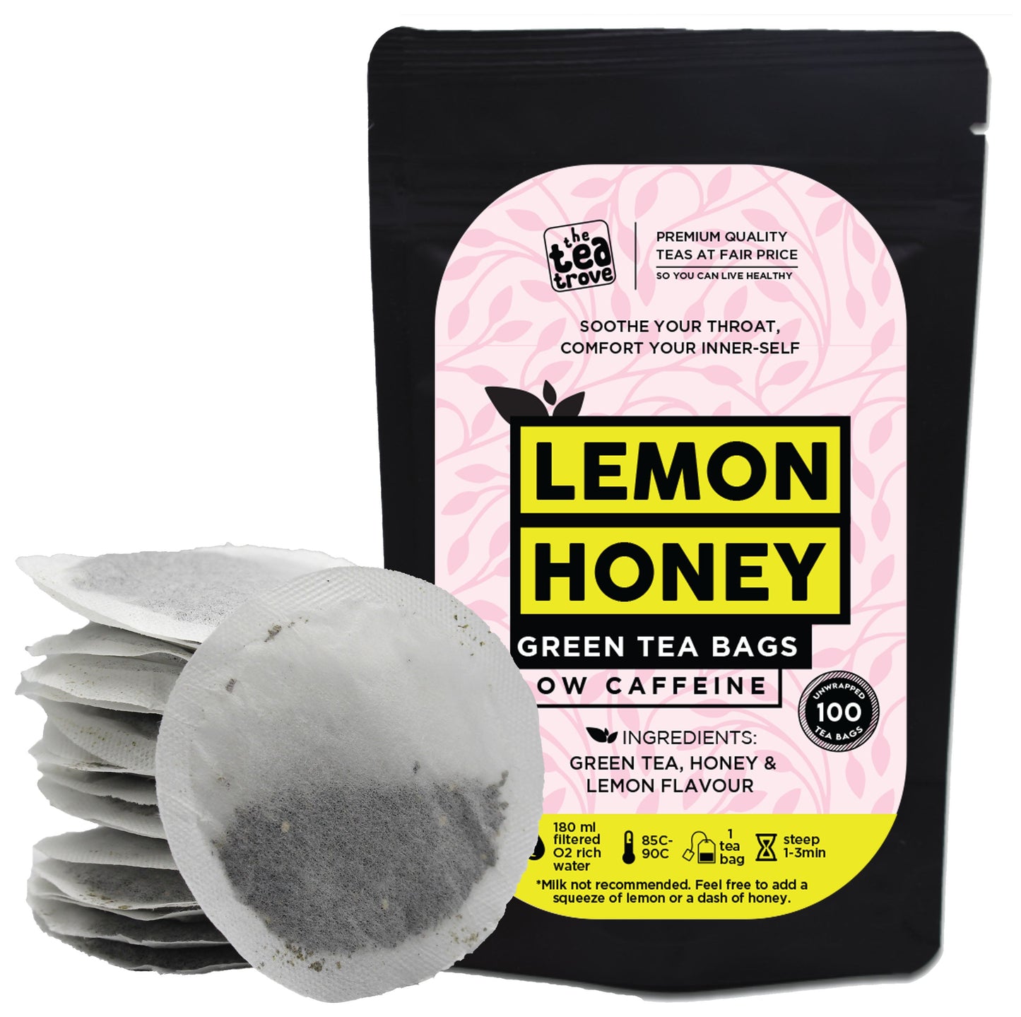 Honey Lemon Green Tea Bags 100 Pcs|Eco-Friendly All Natural Honey Lemon Tea Bags 100 Pcs In Resealable Pouch|All In One Green Tea Lemon&Honey Tea Bags 100 Pieces,0.14 Kg