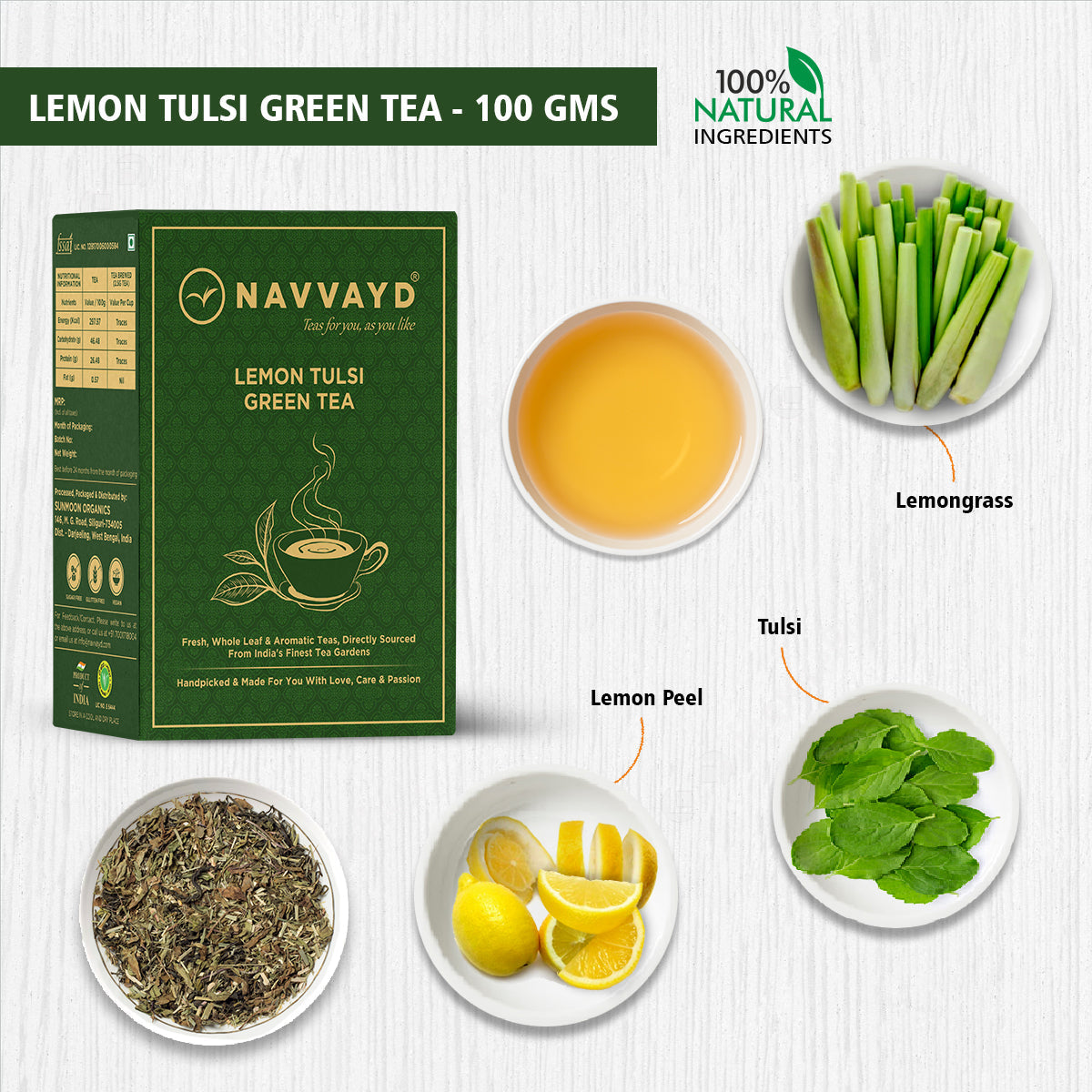 Navvayd Lemon Tulsi Green Tea - 100 gms - Veeha Foods