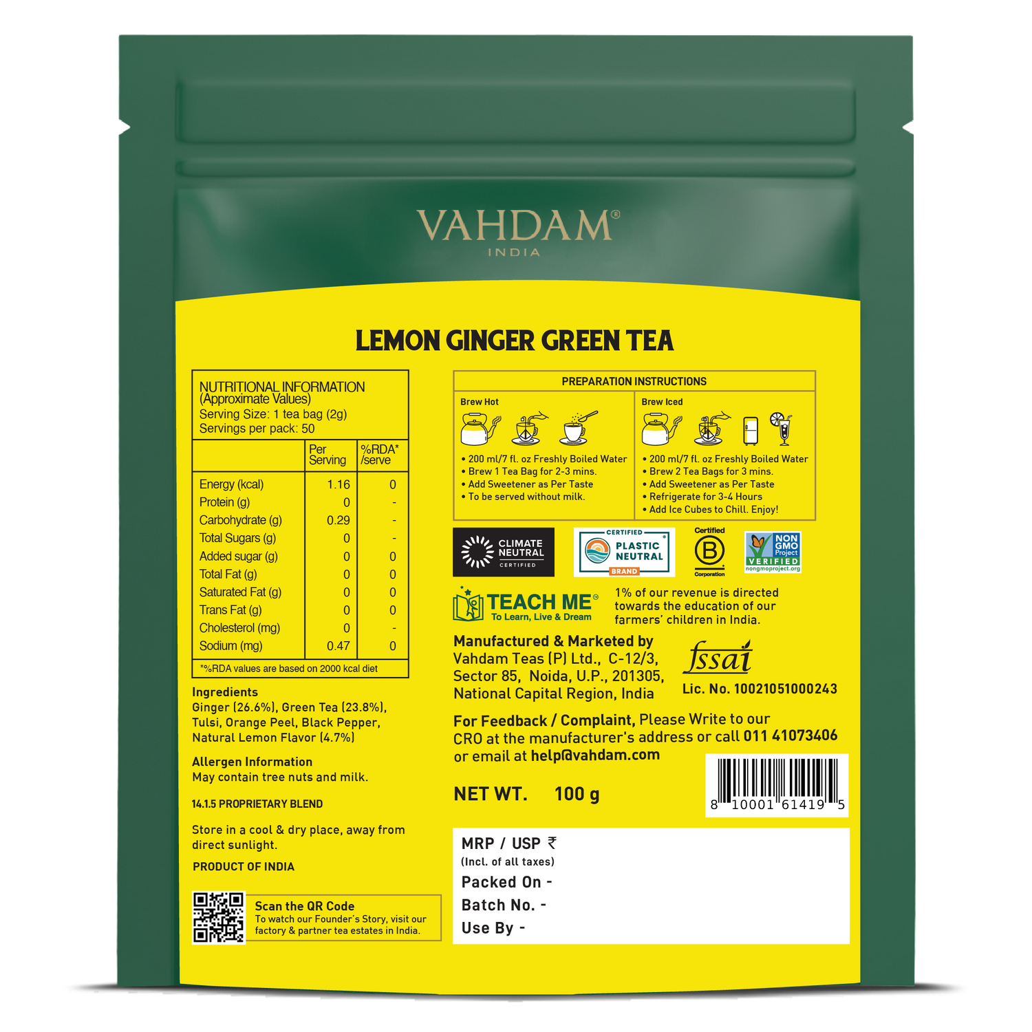 Lemon Ginger Green Tea, 50 Count