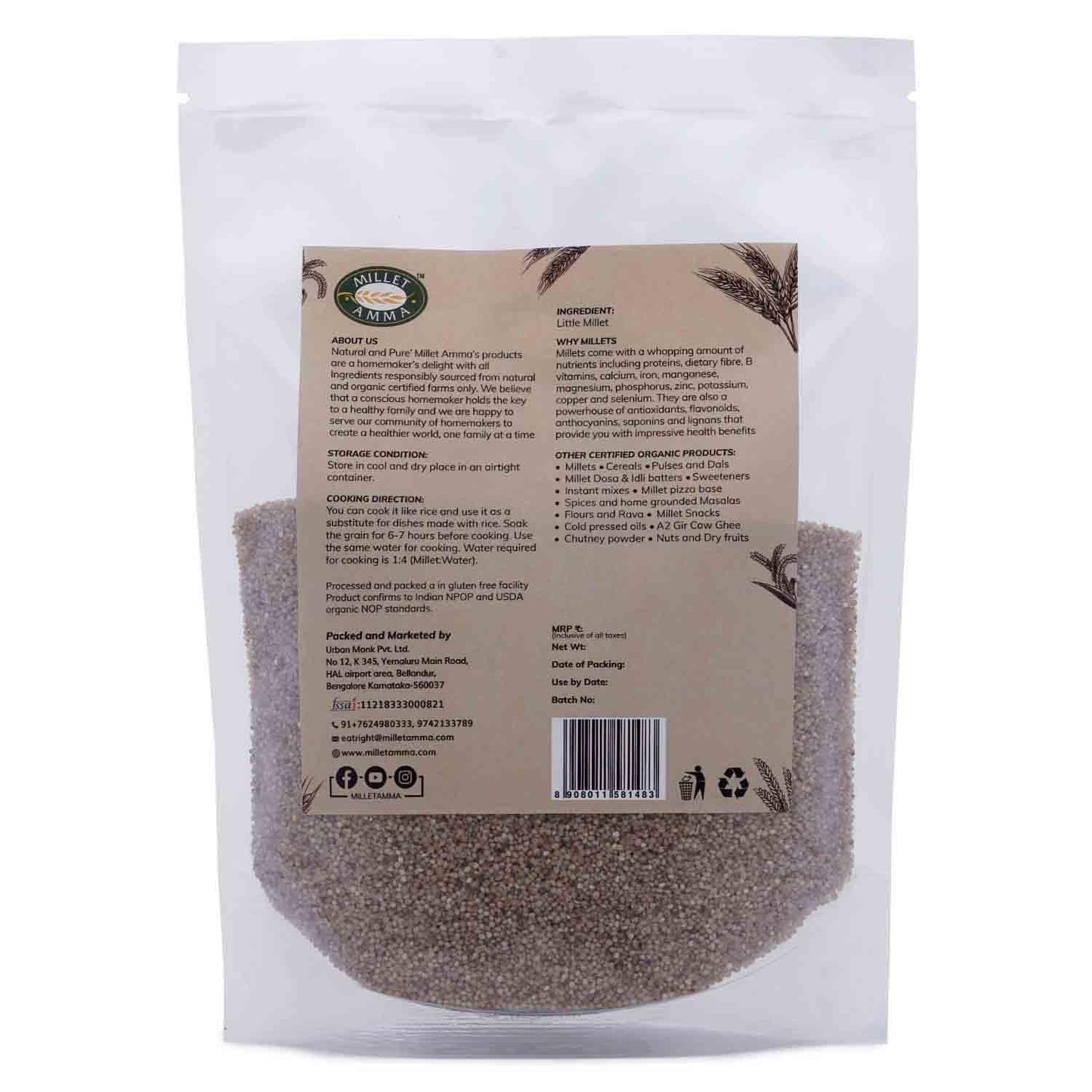 Millet Amma Unpolished Certified Little Millet - 1000 gms