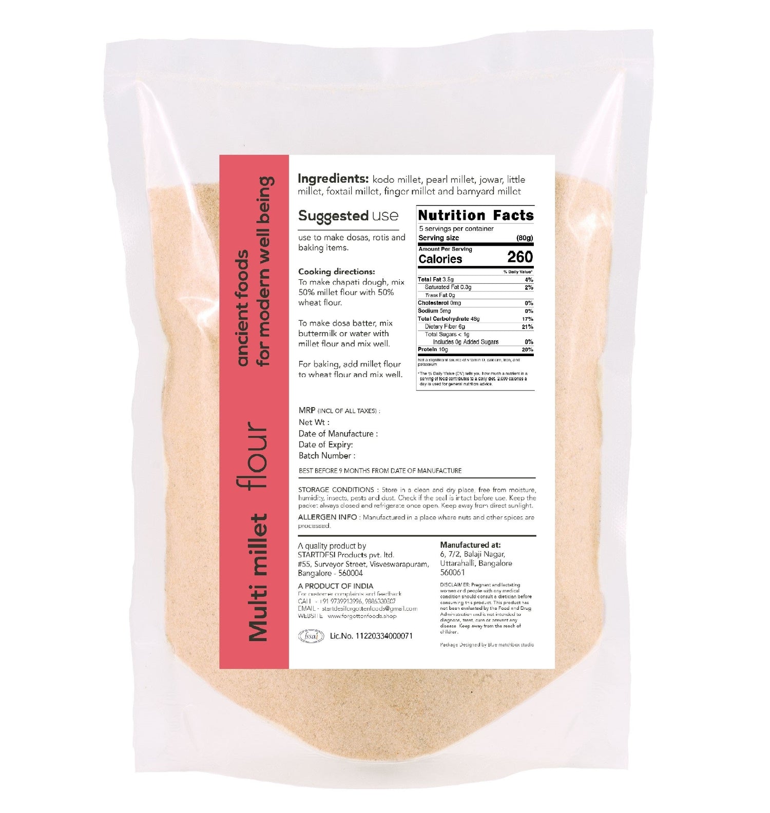 Multi Millet Flour - Dry Roasted 7 Grains Siridhanya Atta - 400g Pack of 2