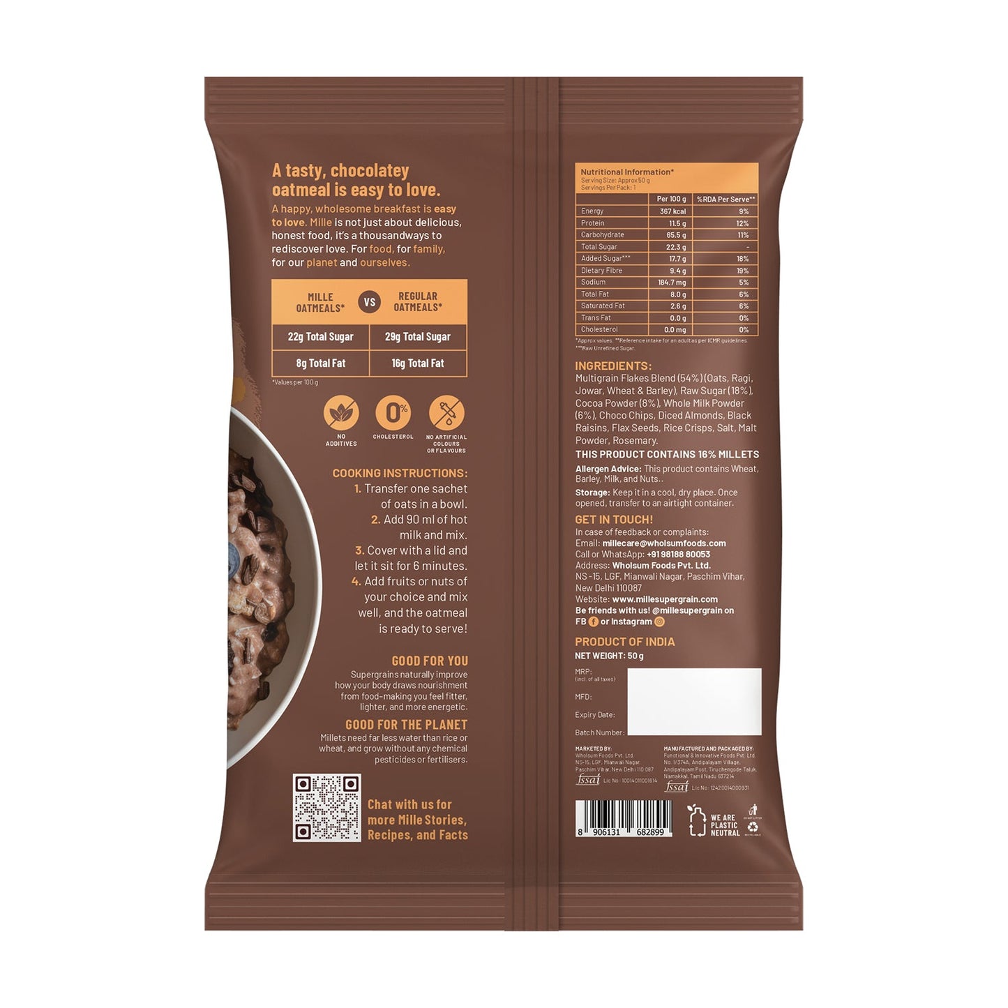 Raw Natural Sugar, Instant Chocolate Oatmeal Trial Pack | Oats, Millets, Real Cocoa & Flax Seeds