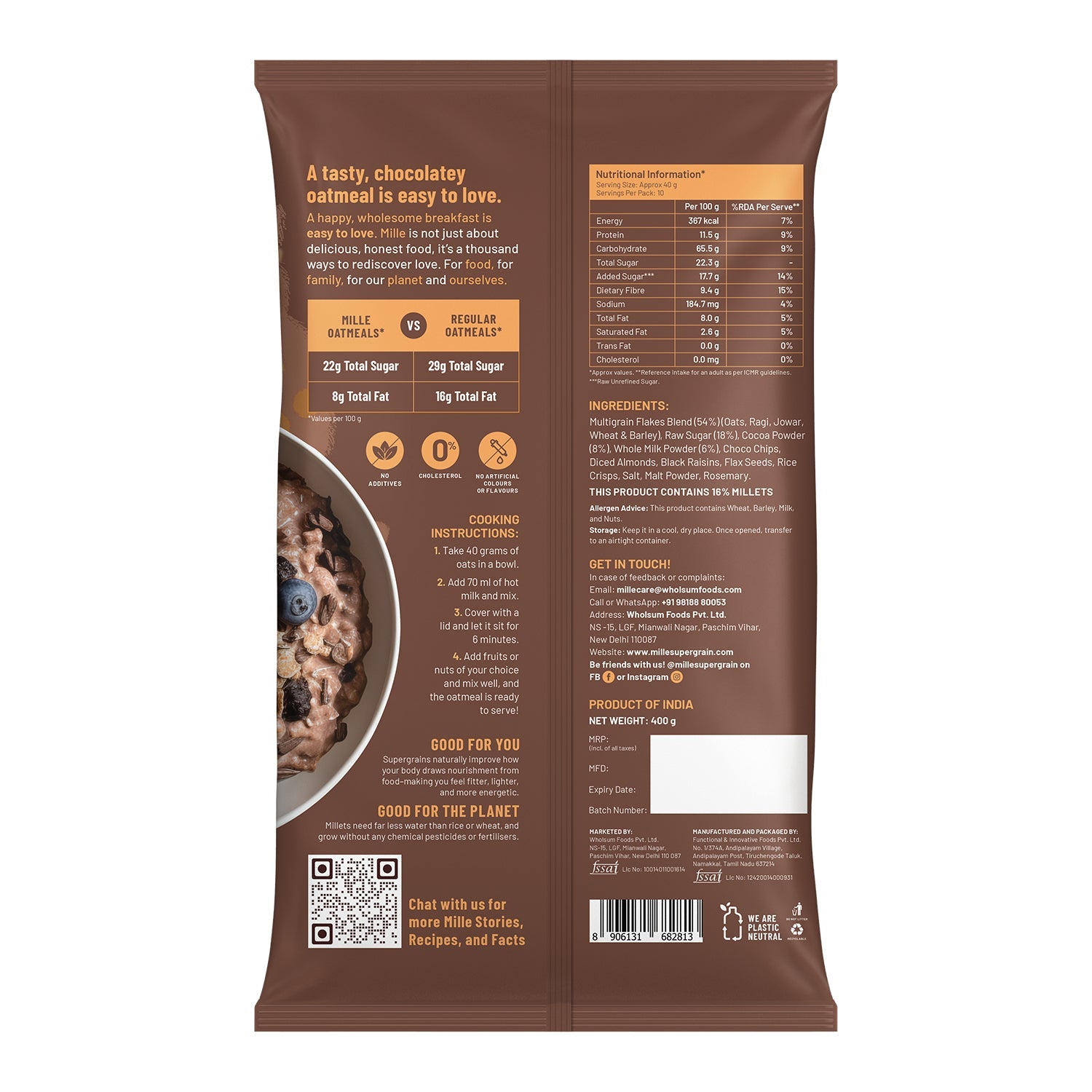 Raw Natural Sugar, Instant Chocolate Oatmeal | Oats, Millets, Real Cocoa & Flax Seeds