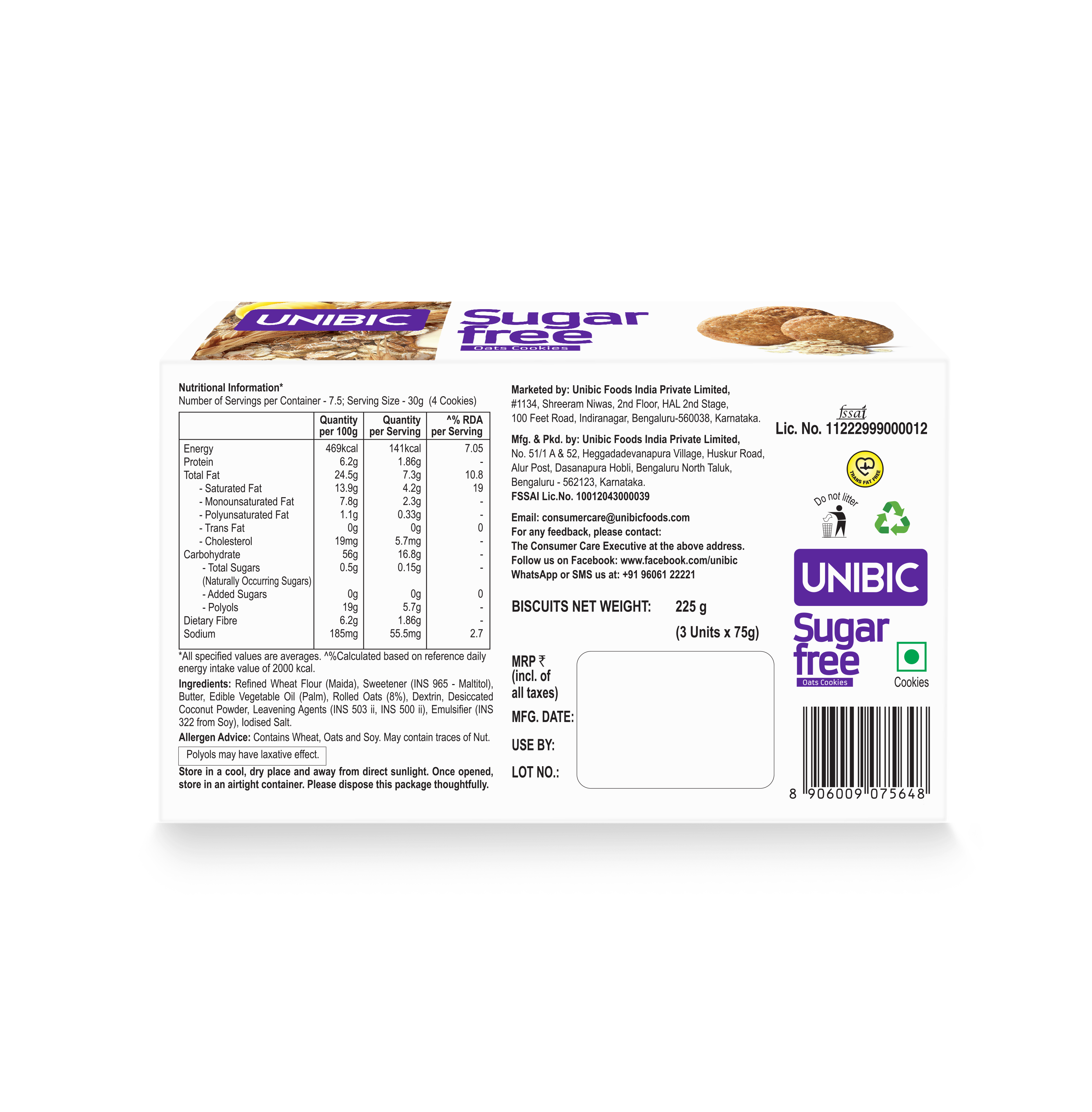 UNIBIC : Sugar Free Oats Cookies, 225g