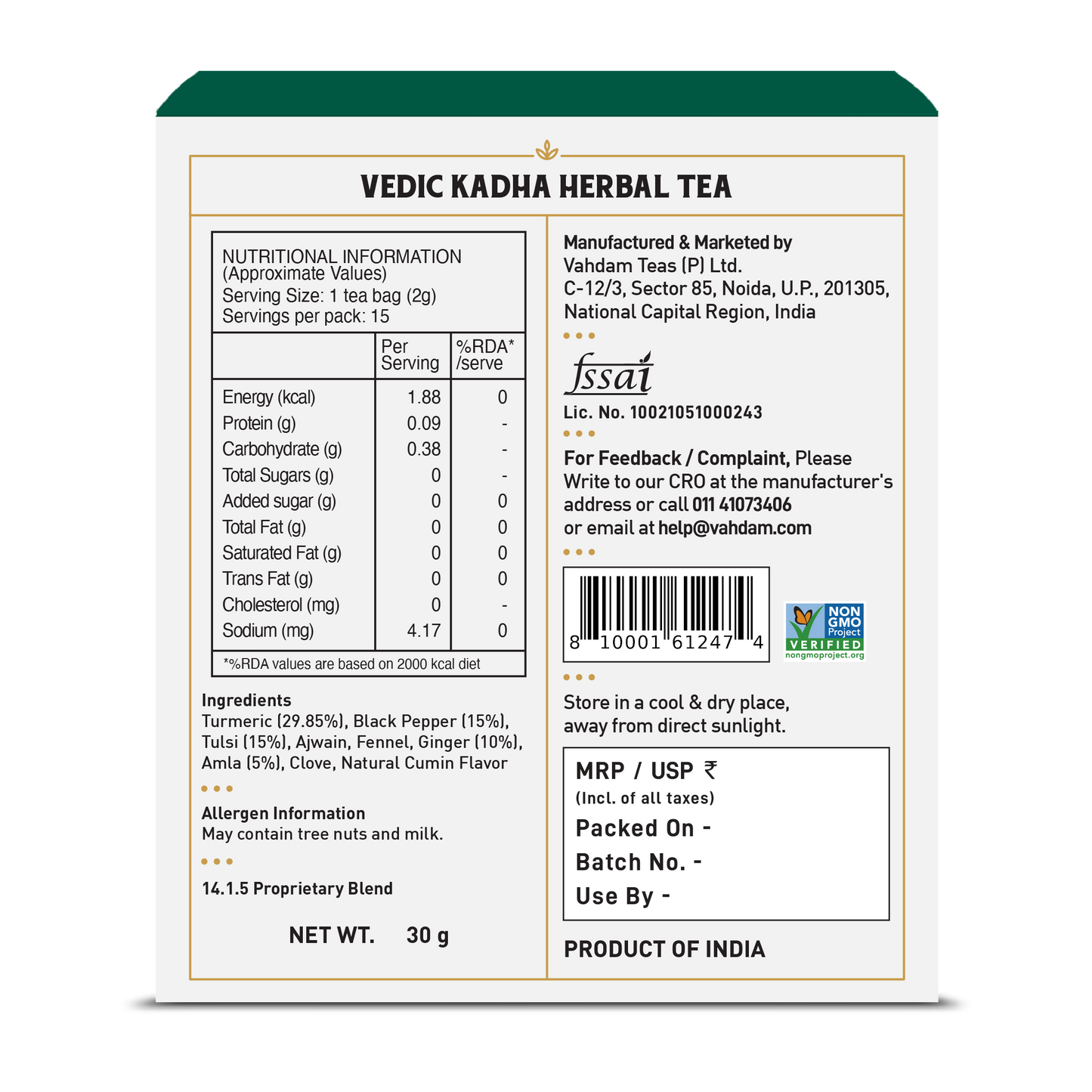 Vedic Kadha Herbal Tea Tisane, 15 Count