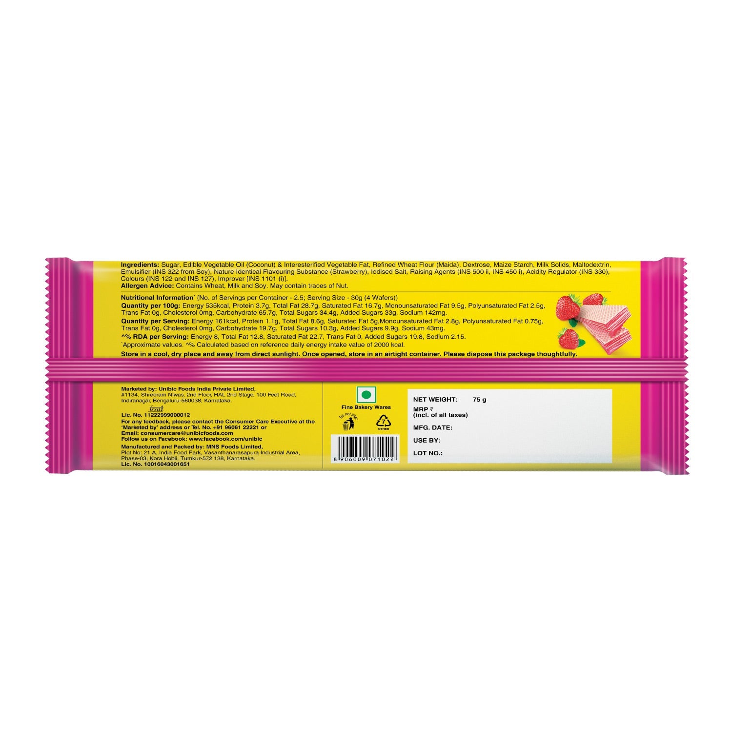 Unibic Yummy Strawberry Wafers - 75gm