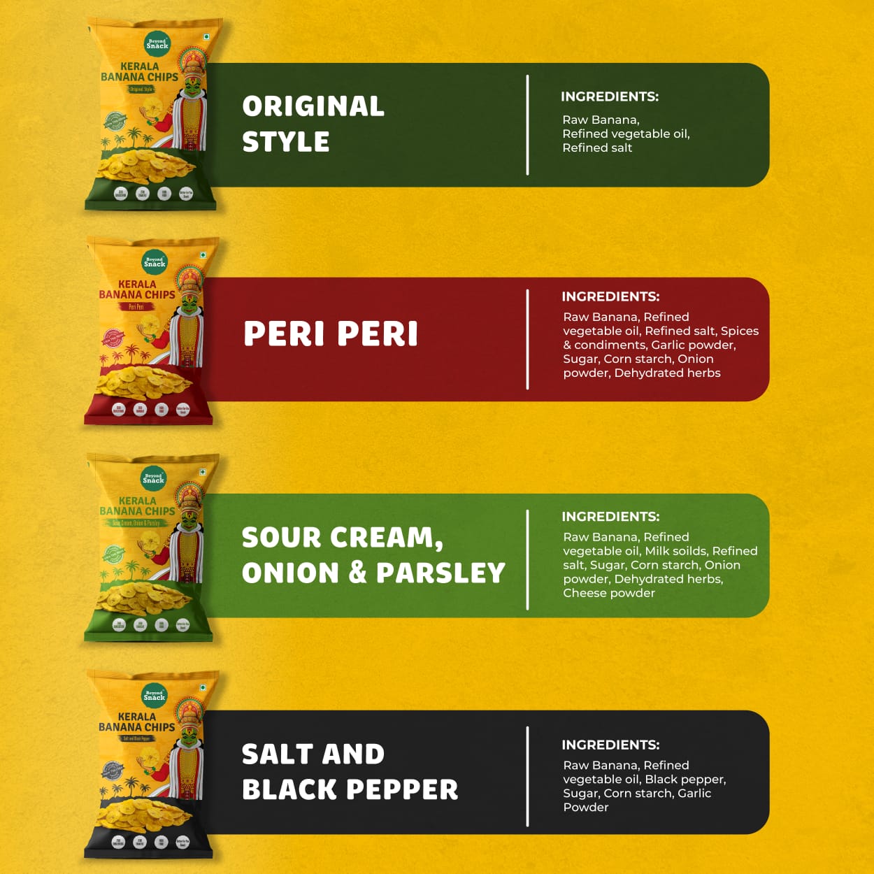 4 Flavours Combo: Original Style, Peri Peri, Sour Cream Onion Parsley, Salt and Black Pepper 400g (100g each)