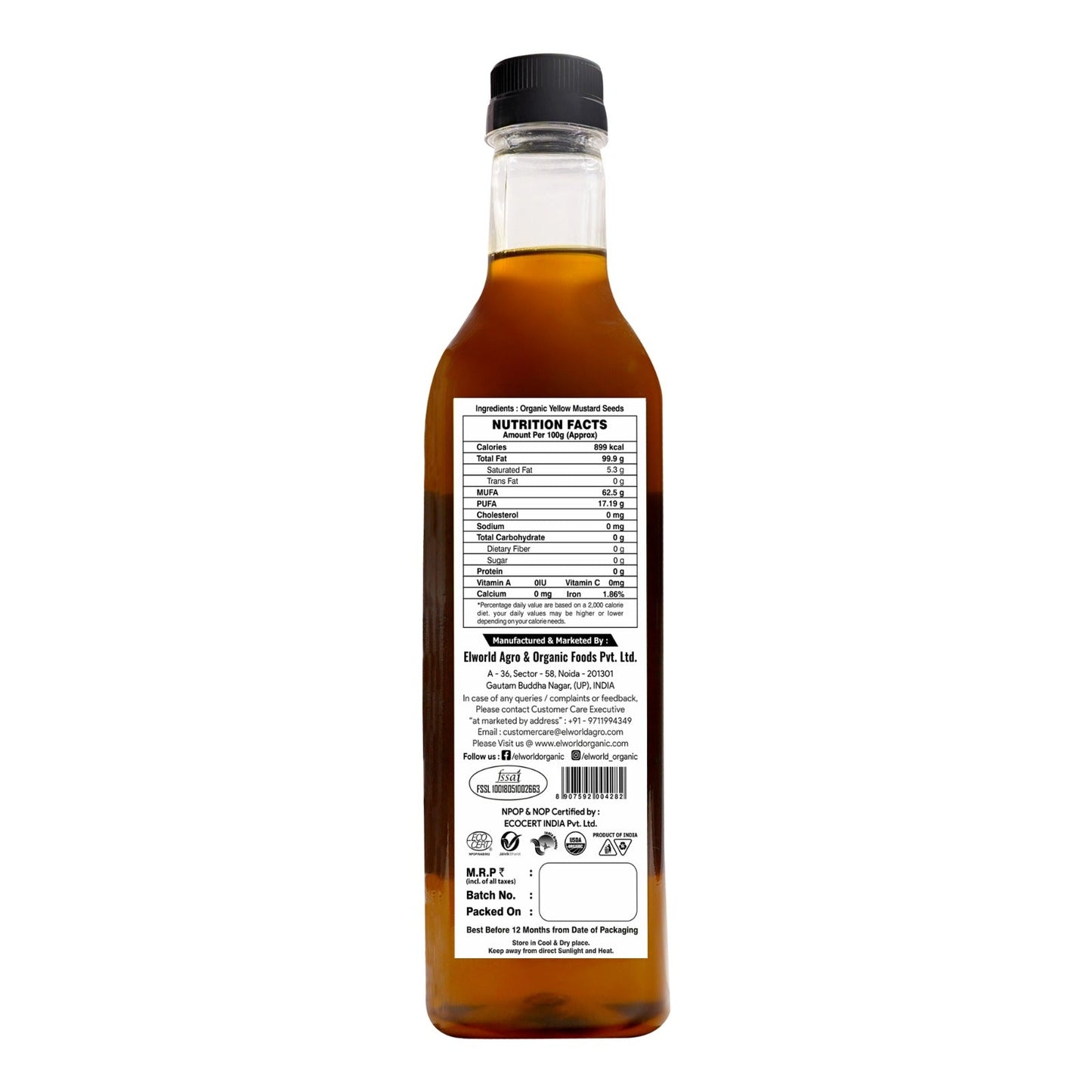 Elworld Agro & Organic Food Products Yellow Mustard Oil 1 ltr