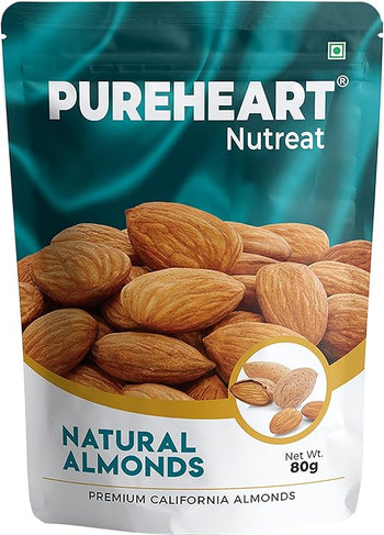 Pureheart Nutreat Natural Almonds (80 gm) Premium California Almond Nuts/Dry Fruit, Crunchy & Delicious Dried Badam, Resealable Pouch