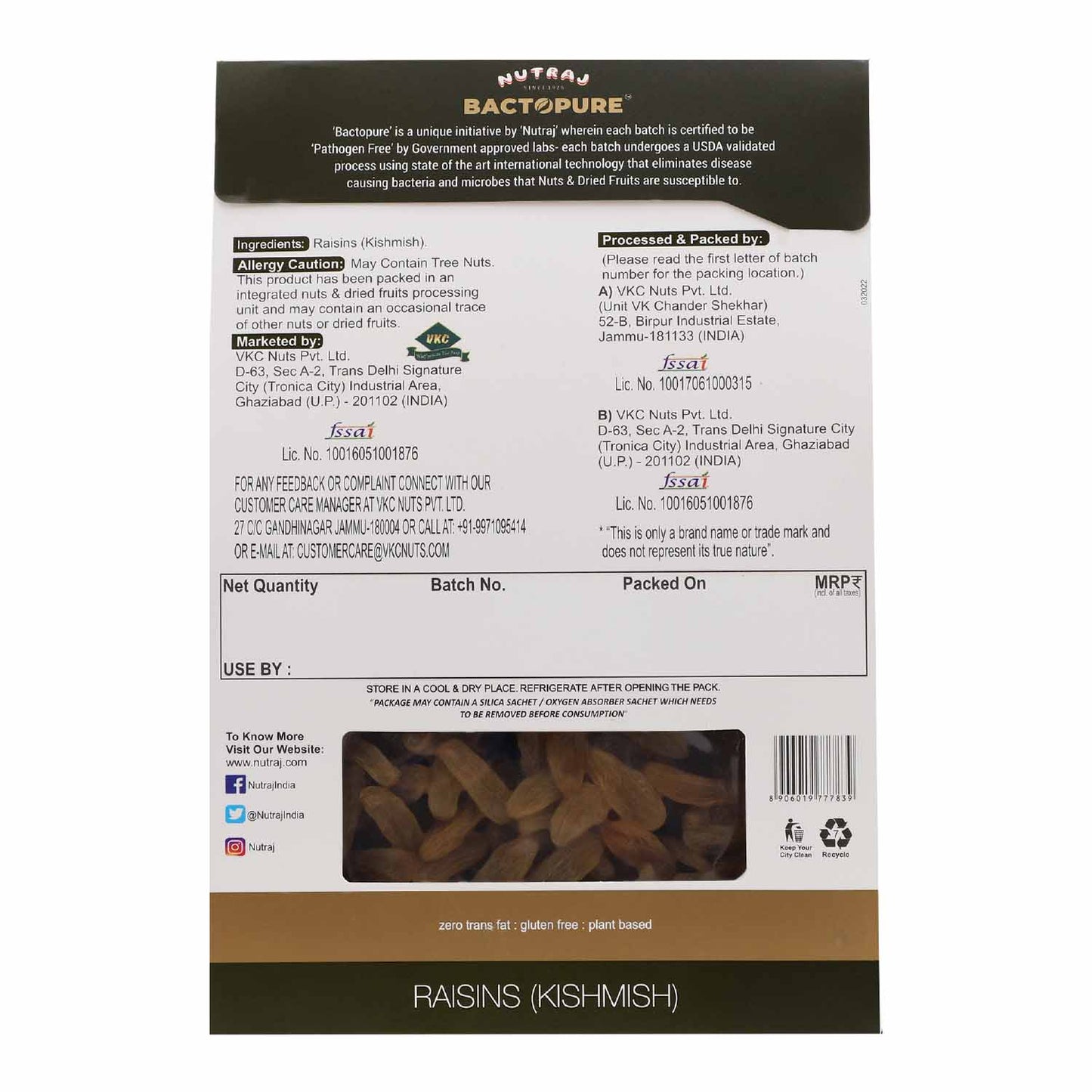 Nutraj Bactopure Raisins 250gm