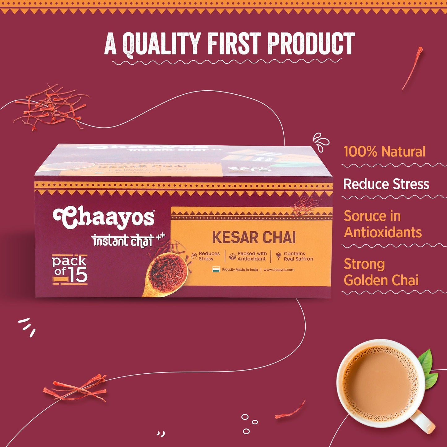 Chaayos Instant Tea Premix - Kesar-Regular Sugar (15 Sachets) | Best Kesar Chai