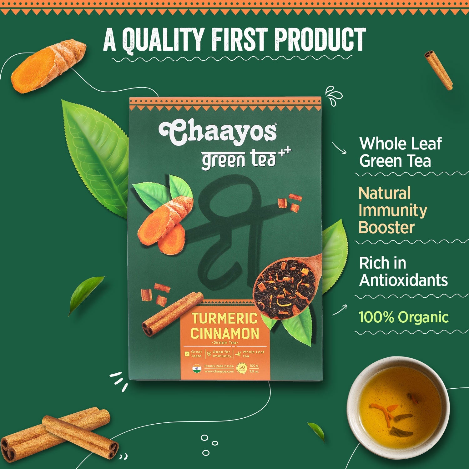 Chaayos Turmeric Cinnamon Green Tea | Turmeric Cinnamon Tea | Whole Leaf Loose Tea | Immunity Boosting - 100g [50 Cups]