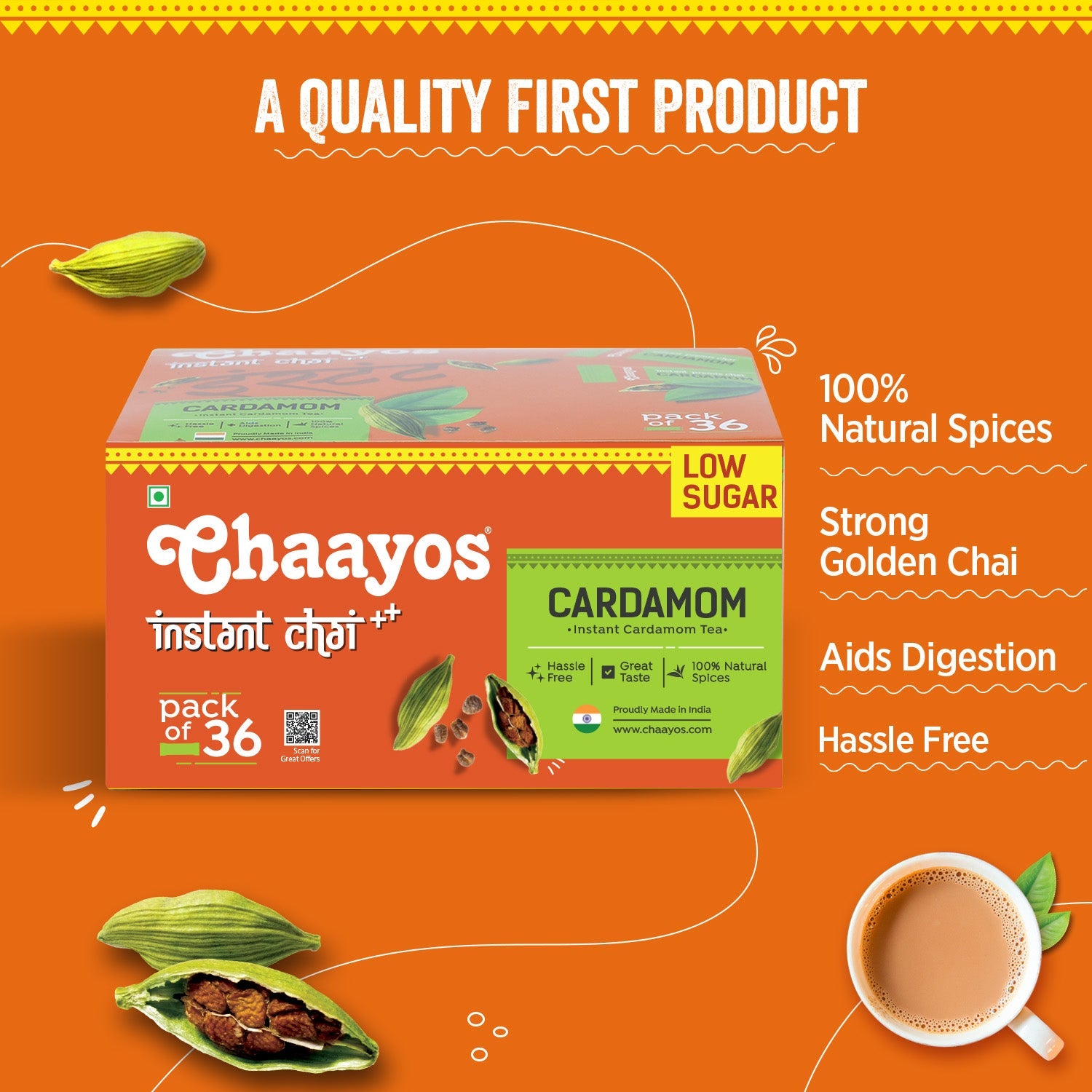 Chaayos Instant Tea Premix - Cardamom Flavour - Low Sugar (36 Sachets) | Instant Tea | Tea Premix | Cardamom Tea