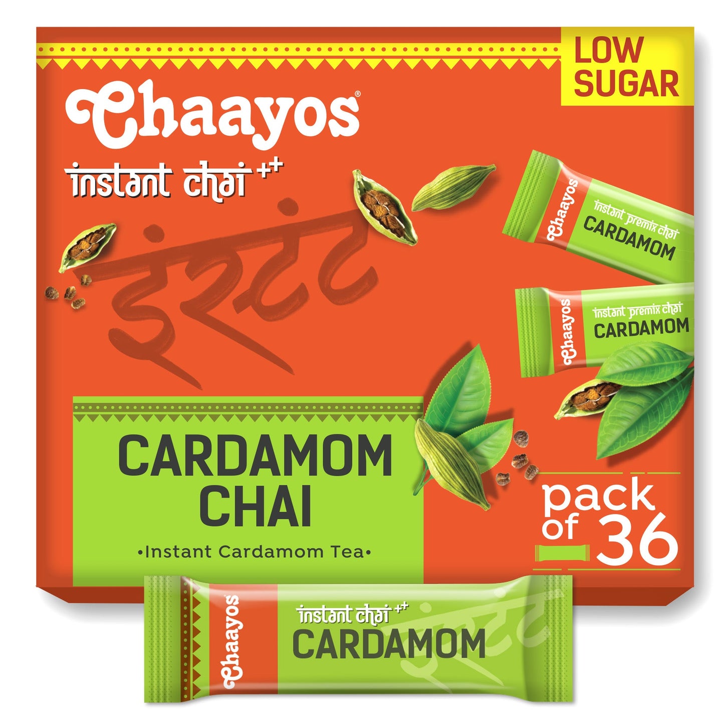 Chaayos Instant Tea Premix - Cardamom Flavour - Low Sugar (36 Sachets) | Instant Tea | Tea Premix | Cardamom Tea