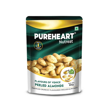 Pureheart Nutreat Crunchy Flavoured Peeled Almonds – Flavours of Venice, Premium California Whole Blanched Almond Nuts, Without Skin Dried Badam