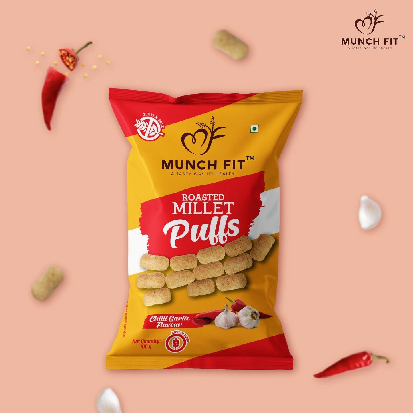Munch Fit Roasted Millet Puffs – Chilli Garlic Flavour, Multipack ...