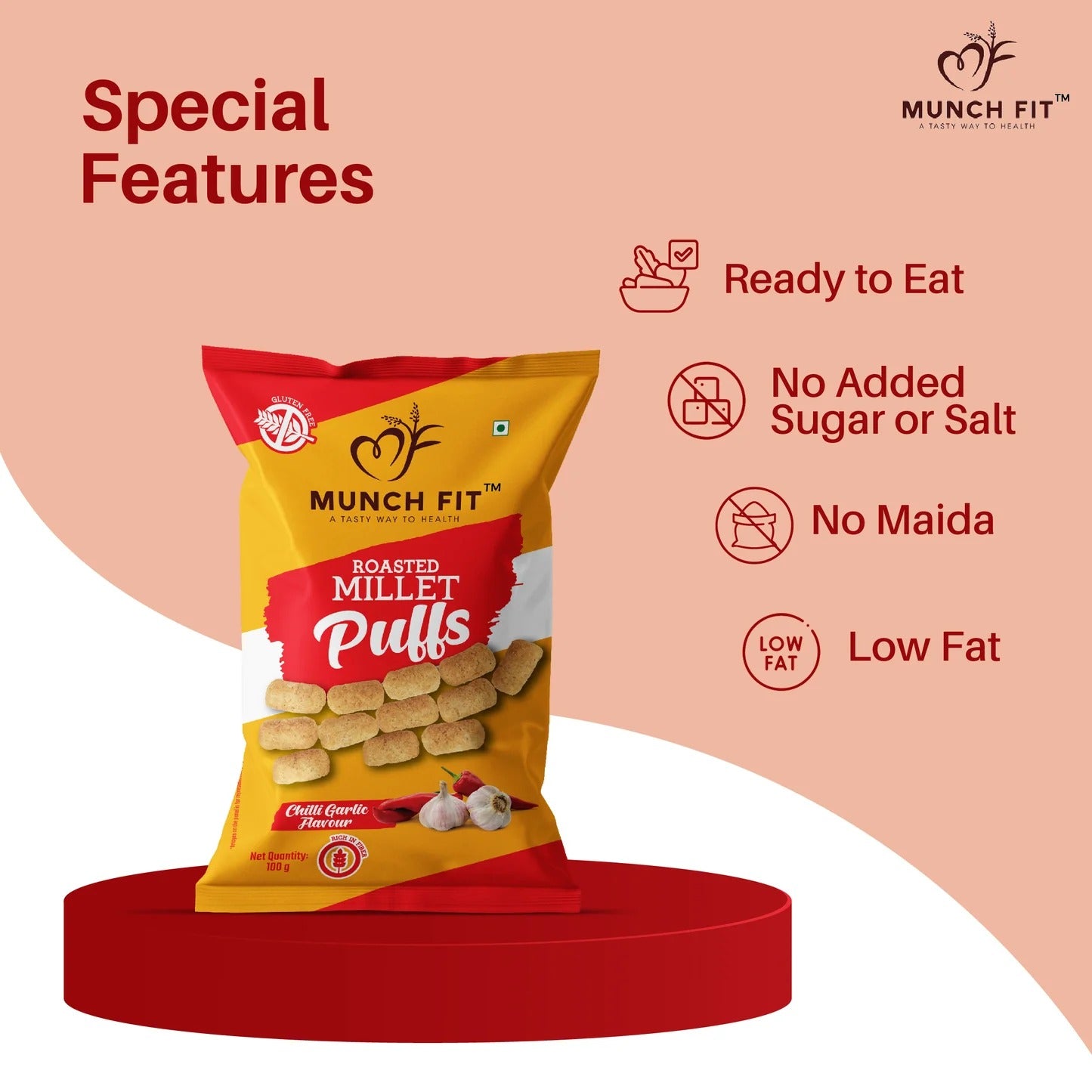 Munch Puffs Munch Fit Roasted Millet Puffs – Chilli Garlic Flavour, Multipack ...