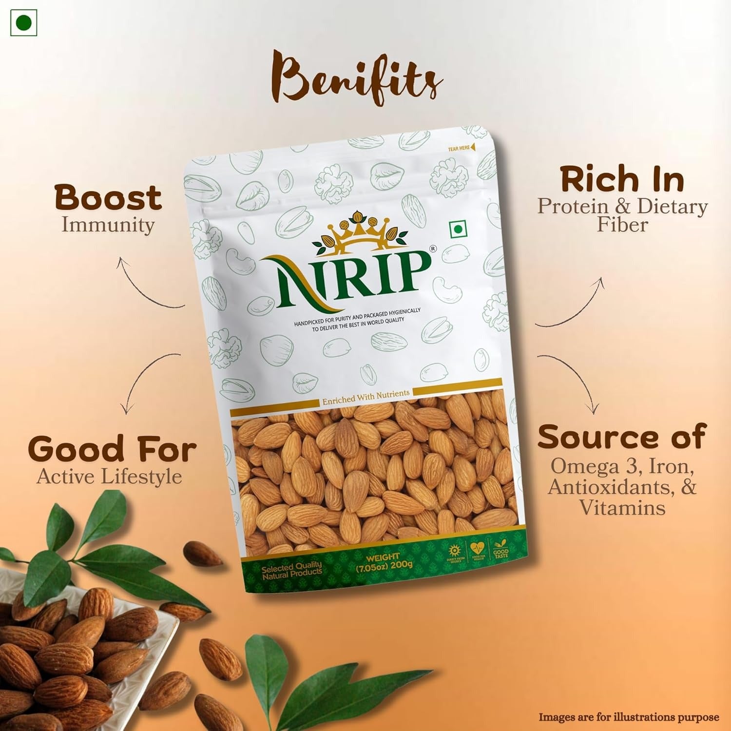 Nrip Pure Premium Californian Almonds - 200 gms - Veeha Foods