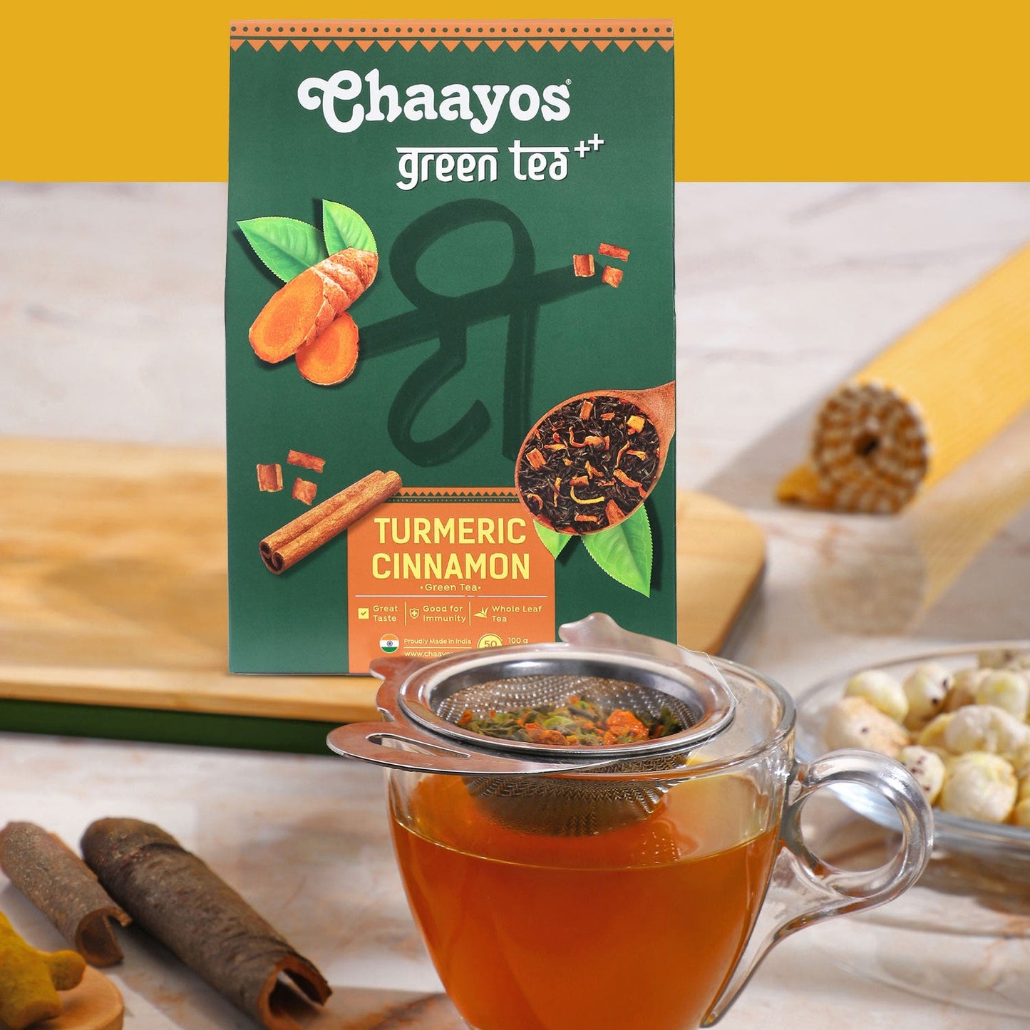 Chaayos Turmeric Cinnamon Green Tea | Turmeric Cinnamon Tea | Whole Leaf Loose Tea | Immunity Boosting - 100g [50 Cups]