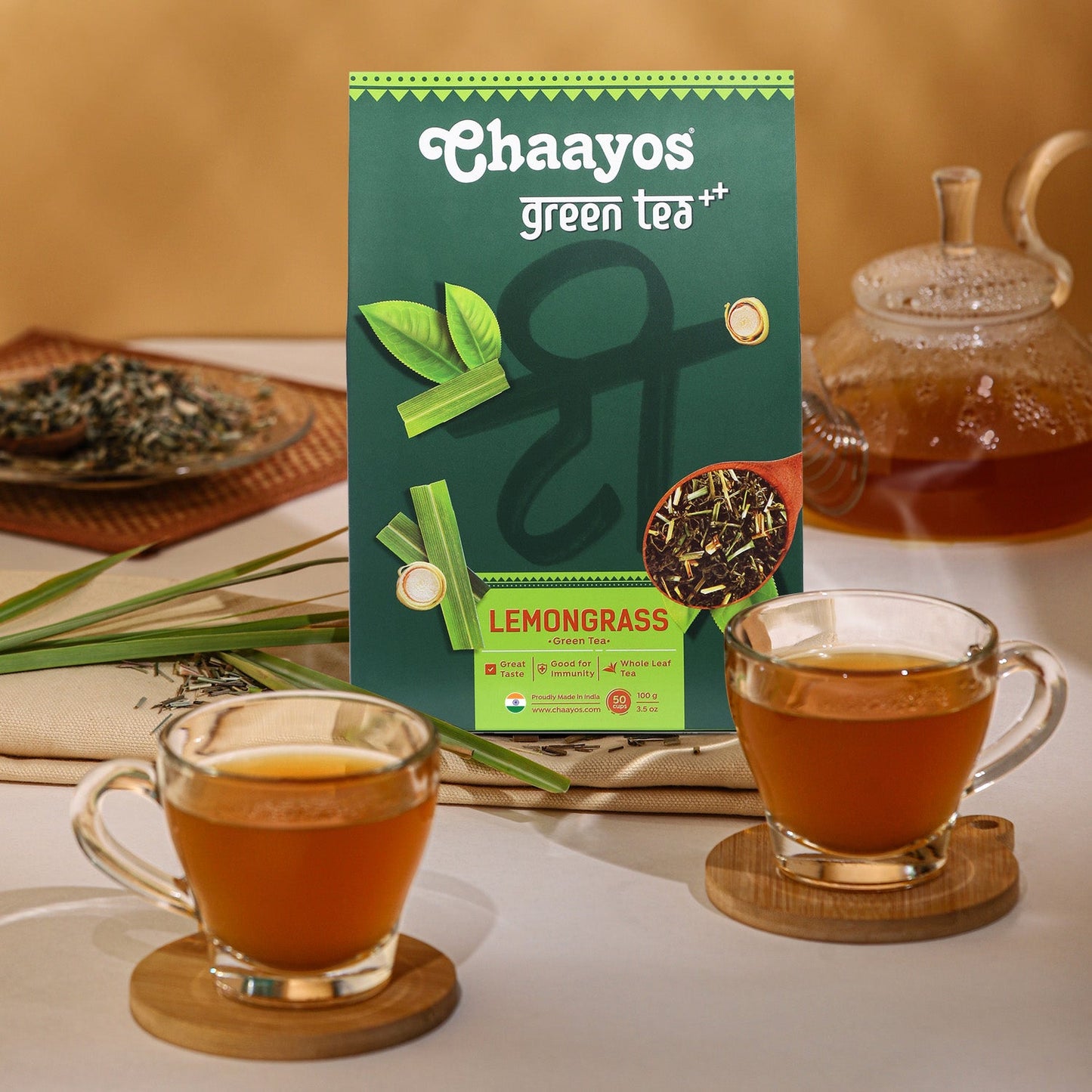 Chaayos Lemongrass Green Tea - Whole Leaf Loose Tea | Immunity Boosting - 100g [50 Cups]