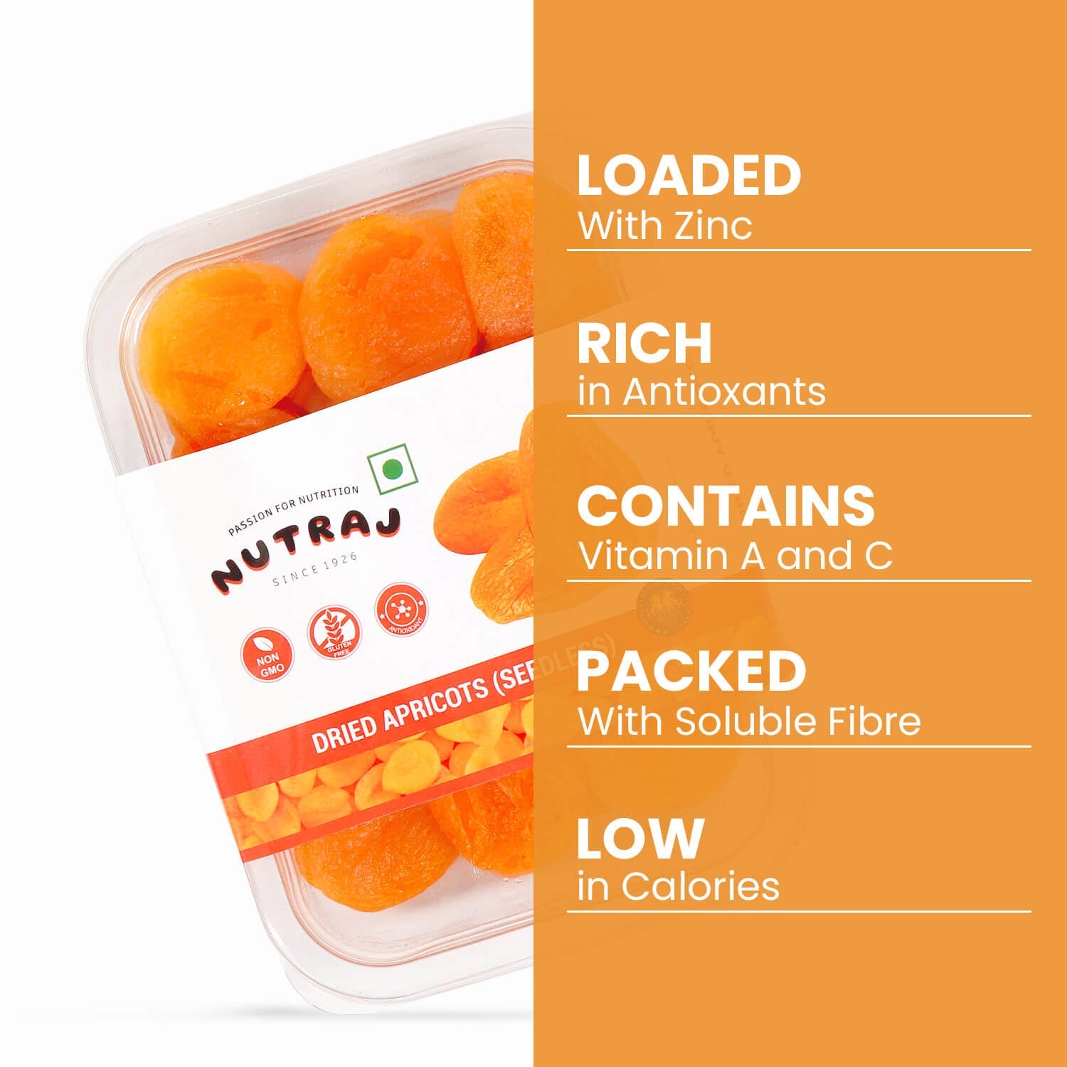 Nutraj Dried Apricot (Seedless) 200gm Tray