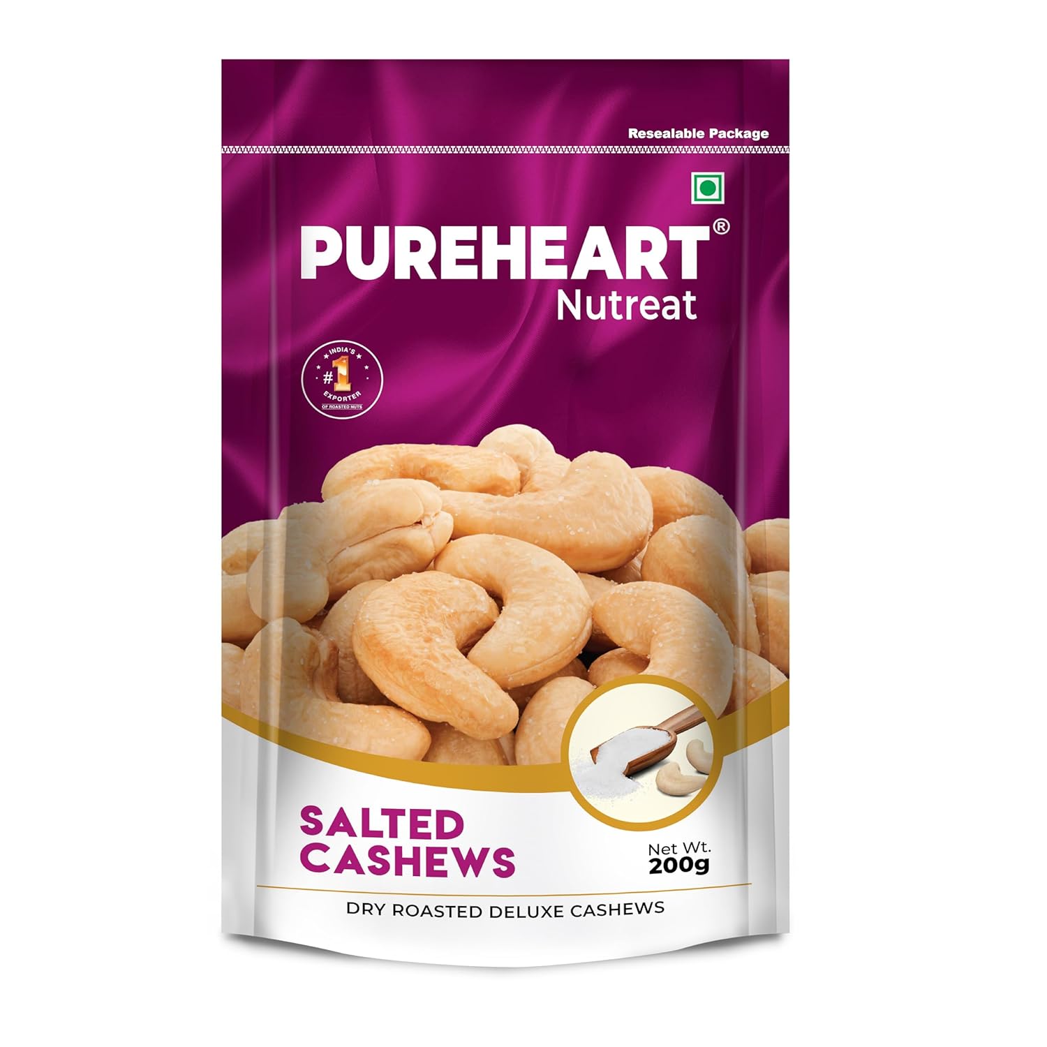 Pureheart Nutreat Roasted Salted Cashew, Flavourful & Crunchy Snack | Premium Salted Whole Cashew Nuts/Kaju Dry Fruit | Rich in Protein & Fiber | No Artificial Colors and Flavors