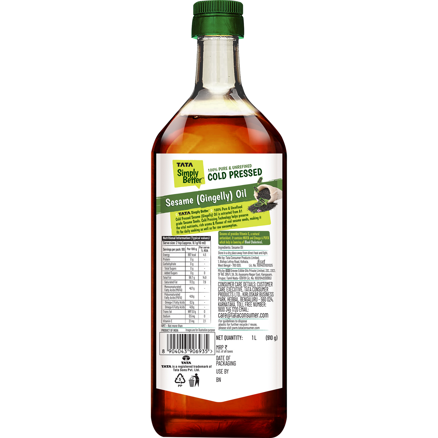 TATA SIMPLY BETTER SESAME OIL 1L 100% PURE and UNREFINED COLD PRESSED OIL