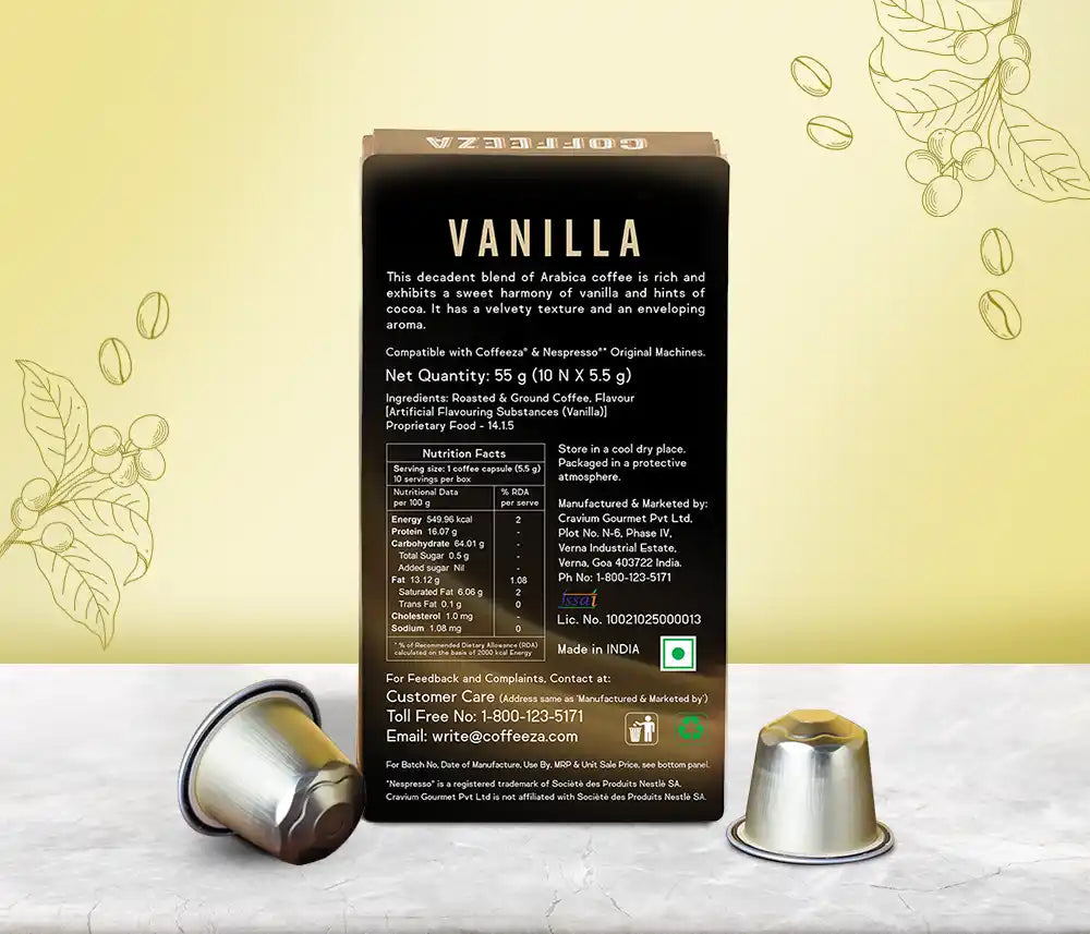 Vanilla 100% Arabica Flavoured Aluminium Coffee Capsules