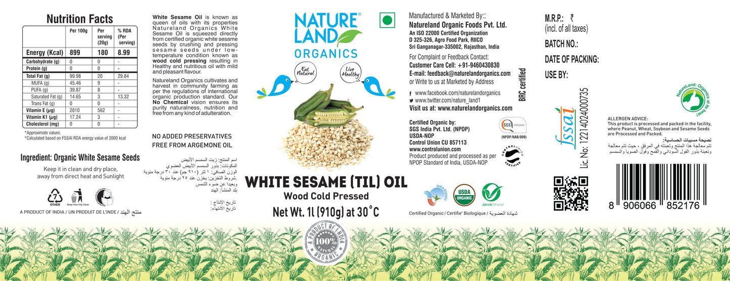 Organic Wood Cold Pressed White Sesame Oil 1 Ltr.